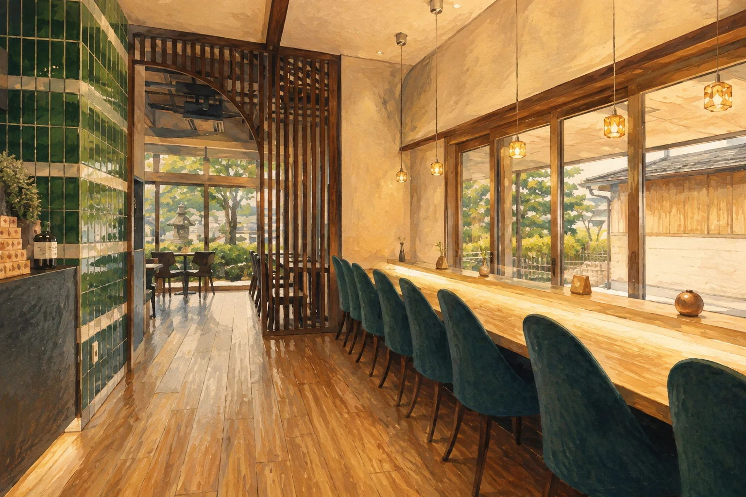 高台寺店の窓辺を描いた背景画
