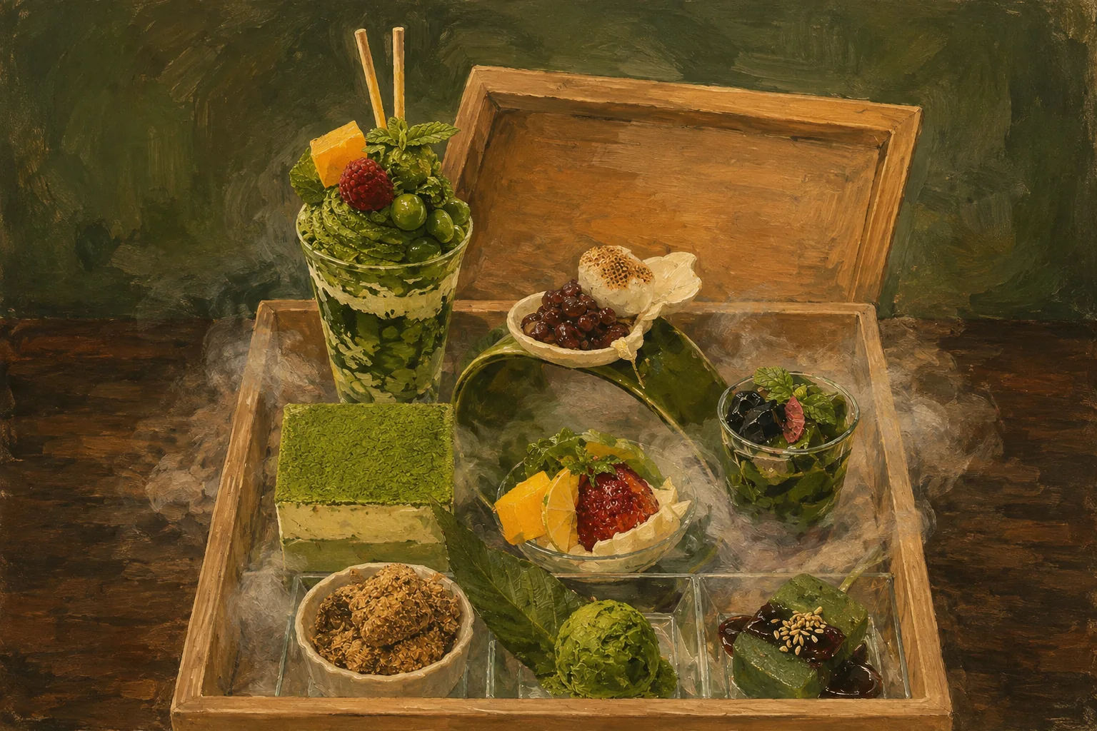 熊本店の抹茶の宝箱を描いた背景画